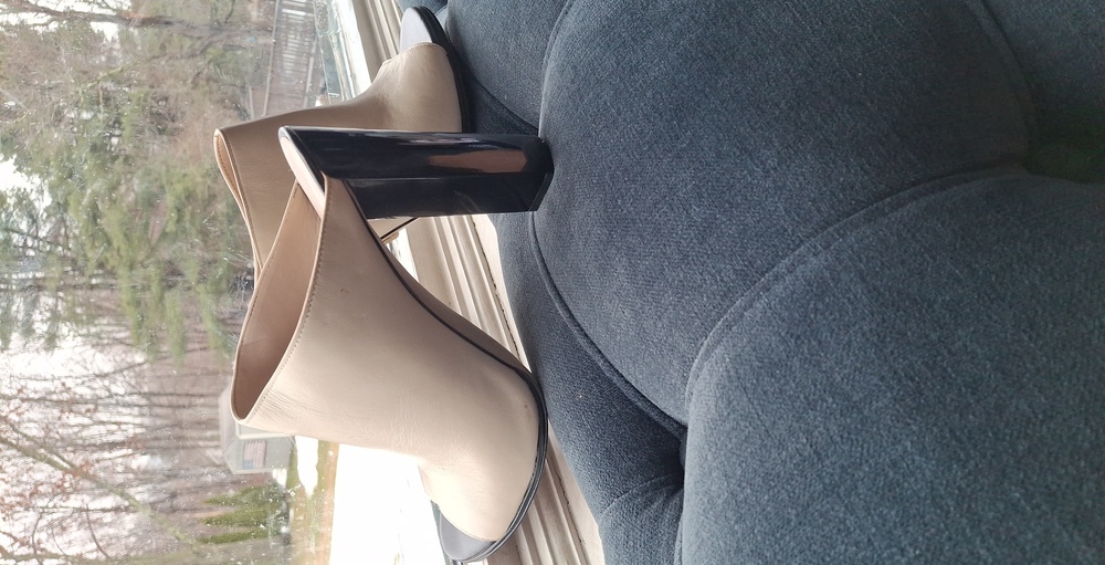 French Connection Tan and Black Mules